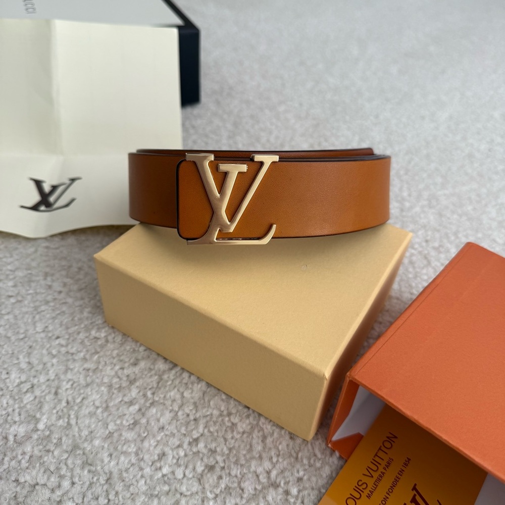 LV initials monogram tan leather belt